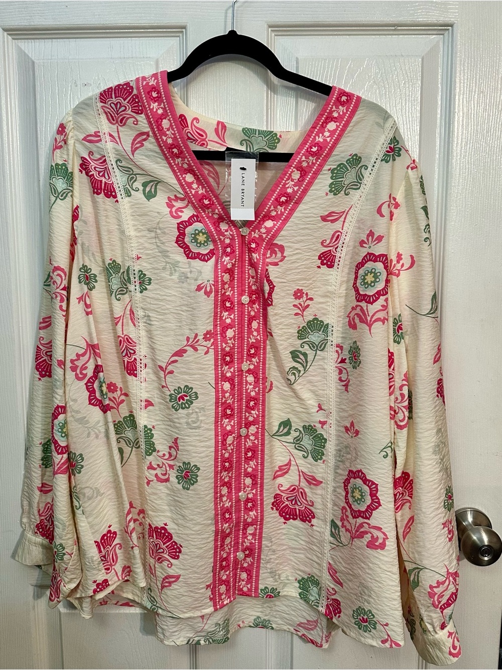 Lane Bryant Cream Tunic with Pink and Green Floral Trim